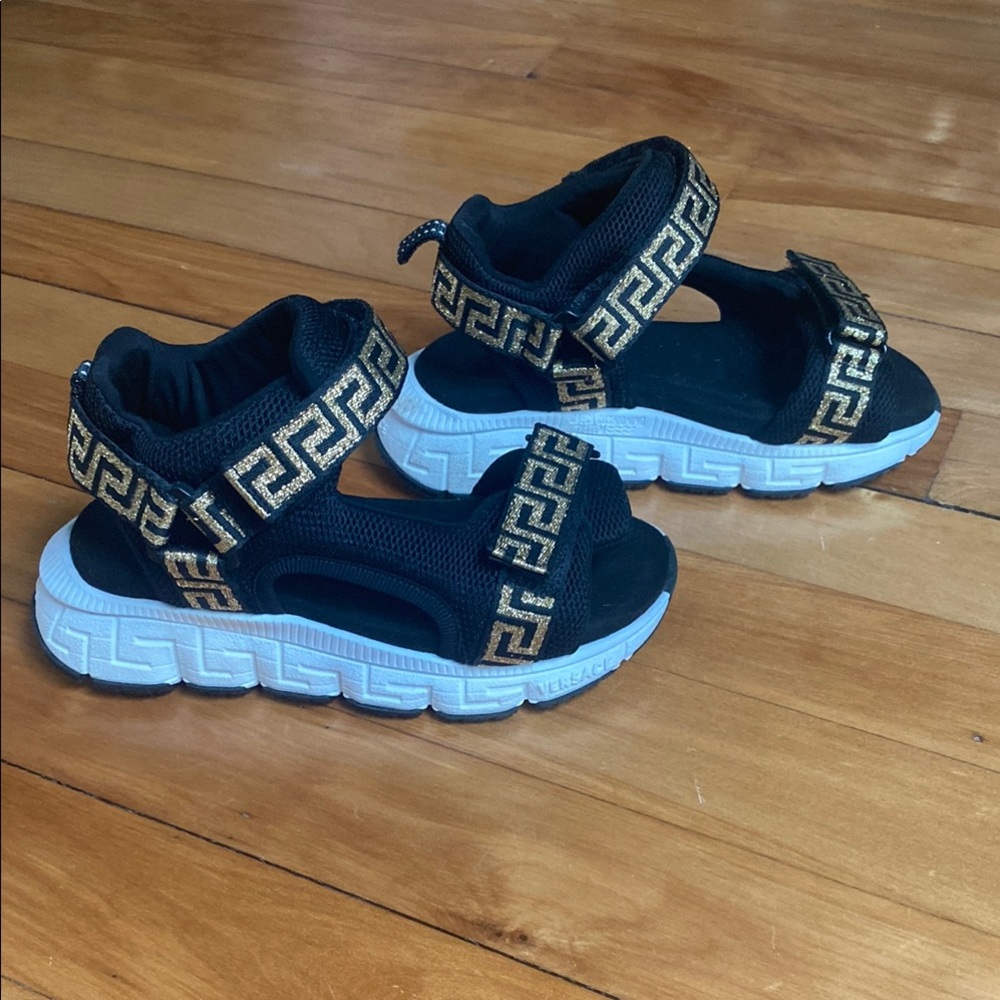 Versace Black and Gold Sandals with Greek Key Design